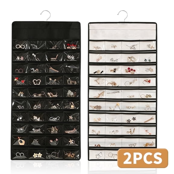 Double-Sided Hanging Jewelry Organizer with 48 Pockets and 8 Hooks - Black & White Storage for Necklaces,Earrings,Bracelets,and Rings,2 Pcs