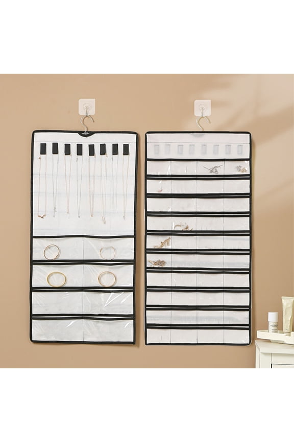 Double-Sided Hanging Jewelry Storage Roll Organizer, 48 Clear Pockets and 8 Necklace Hooks Hanger, 360-Degree Rotating Travel Closet Holder Bag for Earrings Ring