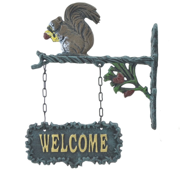 Double Sided Hanging Welcome Sign Squirrel Eating A Nut 9" Wide by Flag Emotes