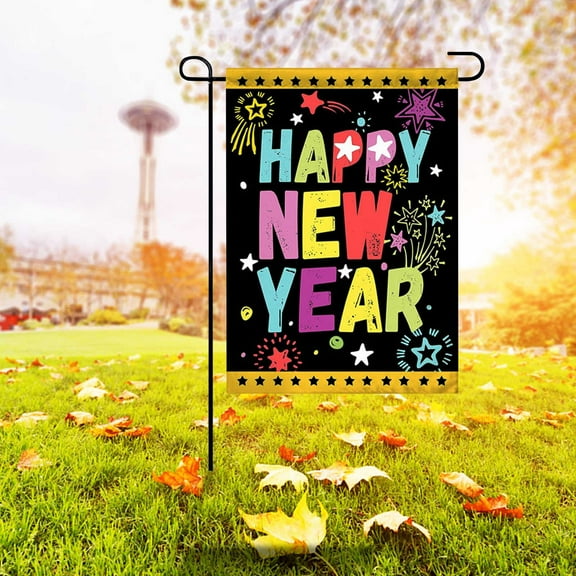 Double Sided Happy New Year Garden Flag, 12x18in Winter Holiday Welcome Sign for Yard Porch Decor, Weather Resistant Fade Proof Polyester Material, Bright Colors