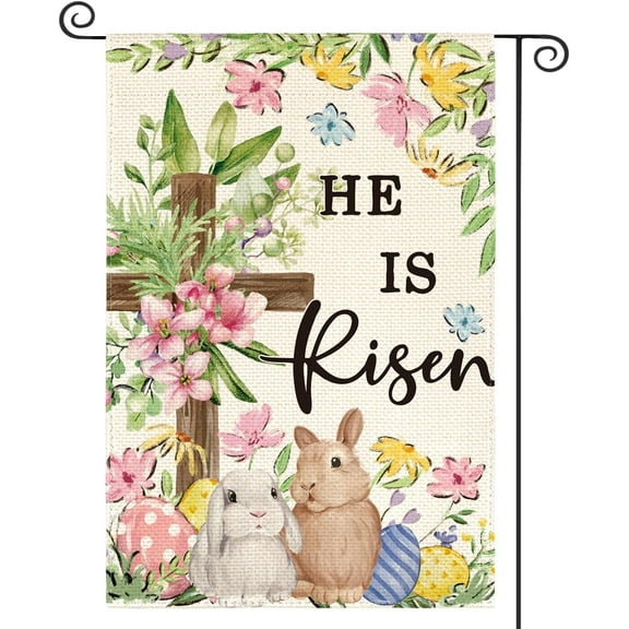Double Sided He Is Risen Flag 12x18 Inch Easter Bunnies Flowers Cross Garden Yard Outdoor Decor