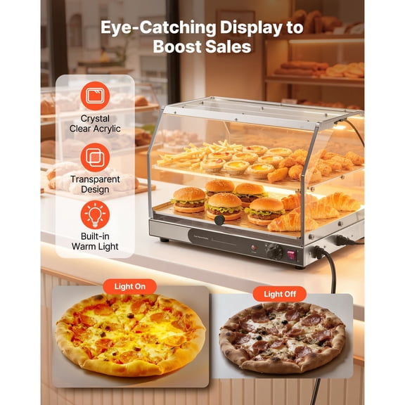Double-Sided Heated Food Display Case,450W Commercial Warmer for Pizza Burgers Hot Dogs,Adjustable Temperature Control with Interior Light,48 Liter Capacity Removable Shelves.