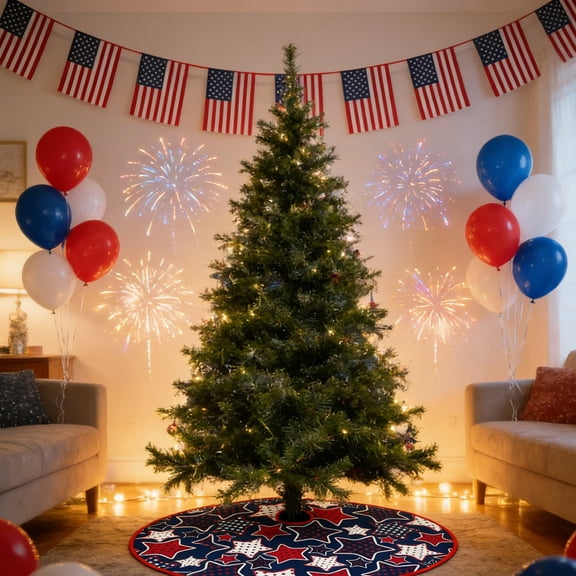 Double Sided Hello Summer Tree Skirt Star Pattern Base Mat For Fourth Of 4Th Of July Indoor Home Holiday Party Decoration(Blue-90Cm)