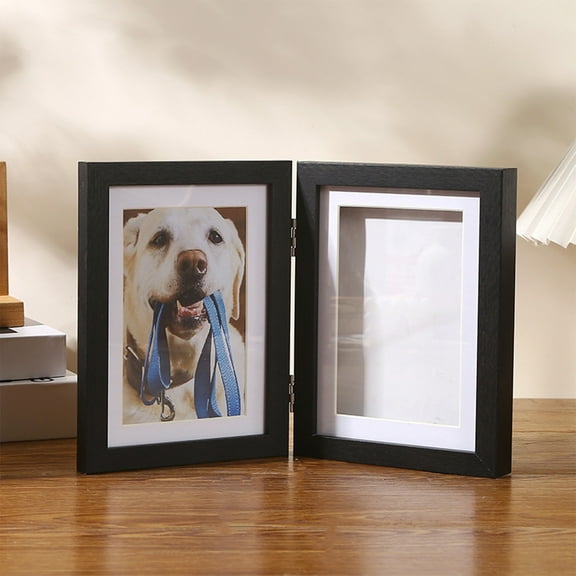DoubleSided Hinged Art & Pet Photo Frame, 5.11"x7.08" Black Board Frame with Clear Acrylic Cover, EasySwap Keepsake Display Frame for Drawings, Tickets, Tabletop & Wall Mount Home Decor Gifts