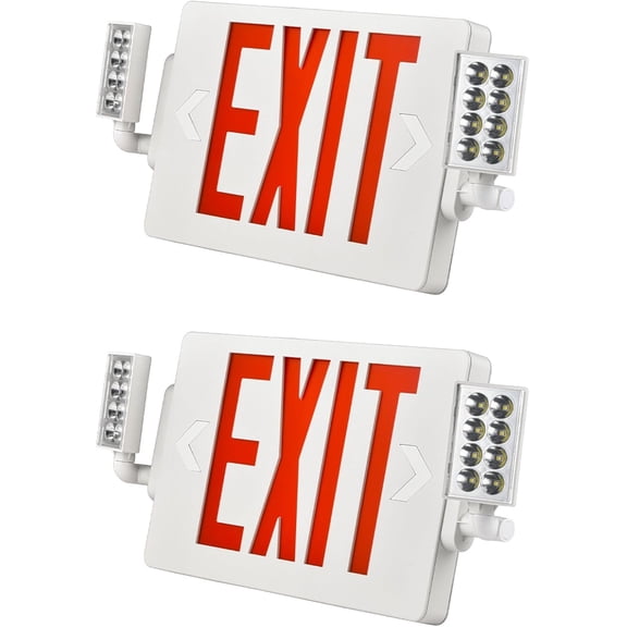 Double Sided LED Emergency EXIT Sign Combo, Two LED Lights, Backup Battery, US Standard Red Letter Emergency Exit Lighting, Grade, 120-277V, Fire Resistant (UL 94V-0) 2 Pack