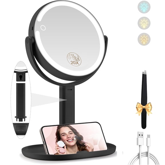 Double-Sided Lighted Makeup Mirror – 20X Magnification, 30X Adjustable Lift, LED Dimmable Vanity Mirror with Detachable Base, Rechargeable, Ideal for Precise Makeup and Skincare