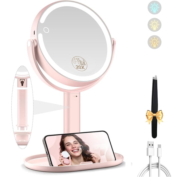 Double-Sided Lighted Makeup Mirror – 20X Magnification, 30X Adjustable Lift, LED Dimmable Vanity Mirror with Detachable Base, Rechargeable, Ideal for Precise Makeup and Skincare