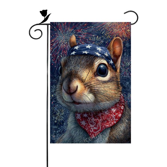 Double Sided Linen Burlap 12x18 Patriotic Squirrel Flag 4th of July American Fireworks Independence Day Yard Decor