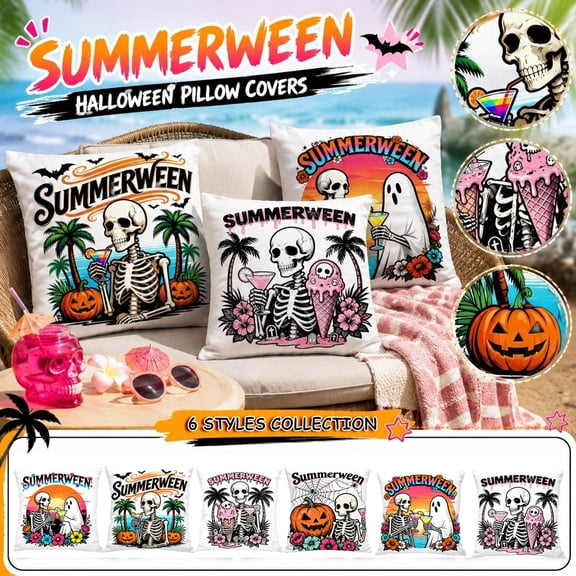 Double-Sided Linen Throw Pillowcase, Summer Halloween Horror Movie & TV Themed Spooky Ghost Print Decorative Cushion Cover, Breathable Reversible Halloween Home Sofa Bedroom Decor Pillow Cover(C)