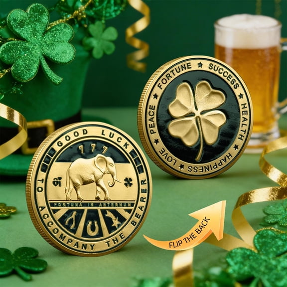Double-Sided Lucky Four Leaf Clover Coin with Four Leaf Clover & Elephant with Lucky Symbols – Perfect Good Luck Gift for Friends & Family (Pattern-Gold)