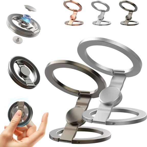 Double-Sided Magnetic Fidget Spinner Stand, 360° Rotation, Double Sided Folding Phone Holder Dual Rings & Strong Adhesion, for Desk Car Gym Travel (Silve + Black)