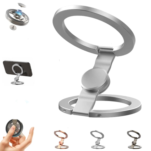 Double-Sided Magnetic Fidget Spinner Stand, 360° Rotation, Double Sided Folding Phone Holder Dual Rings & Strong Adhesion, for Desk Car Gym Travel (Silver)