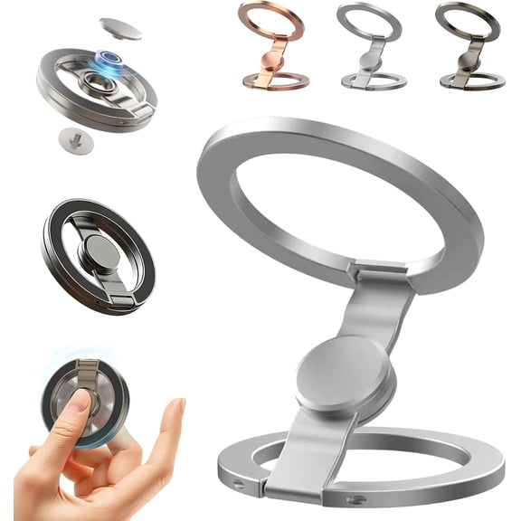 Double-Sided Magnetic Fidget Spinner Stand, 360° Rotation, Double Sided Folding Phone Holder Dual Rings & Strong Adhesion, for Desk Car Gym Travel (Silver)