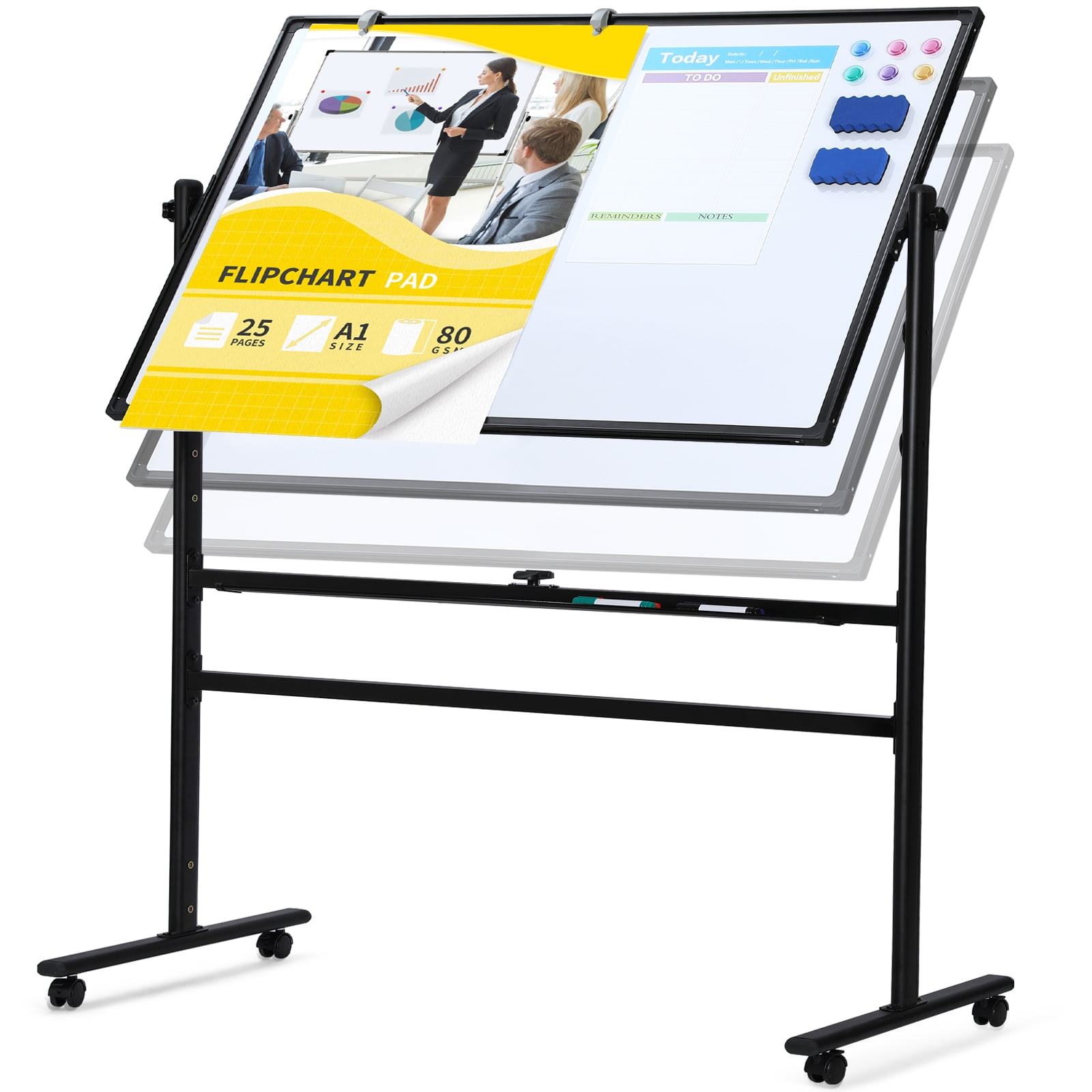 72 x 40 Double Sided Rolling Whiteboard, Mobile Whiteboard Magnetic White  Board - Large Reversible Dry Erase Board Easel Standing Board on Wheels  with
