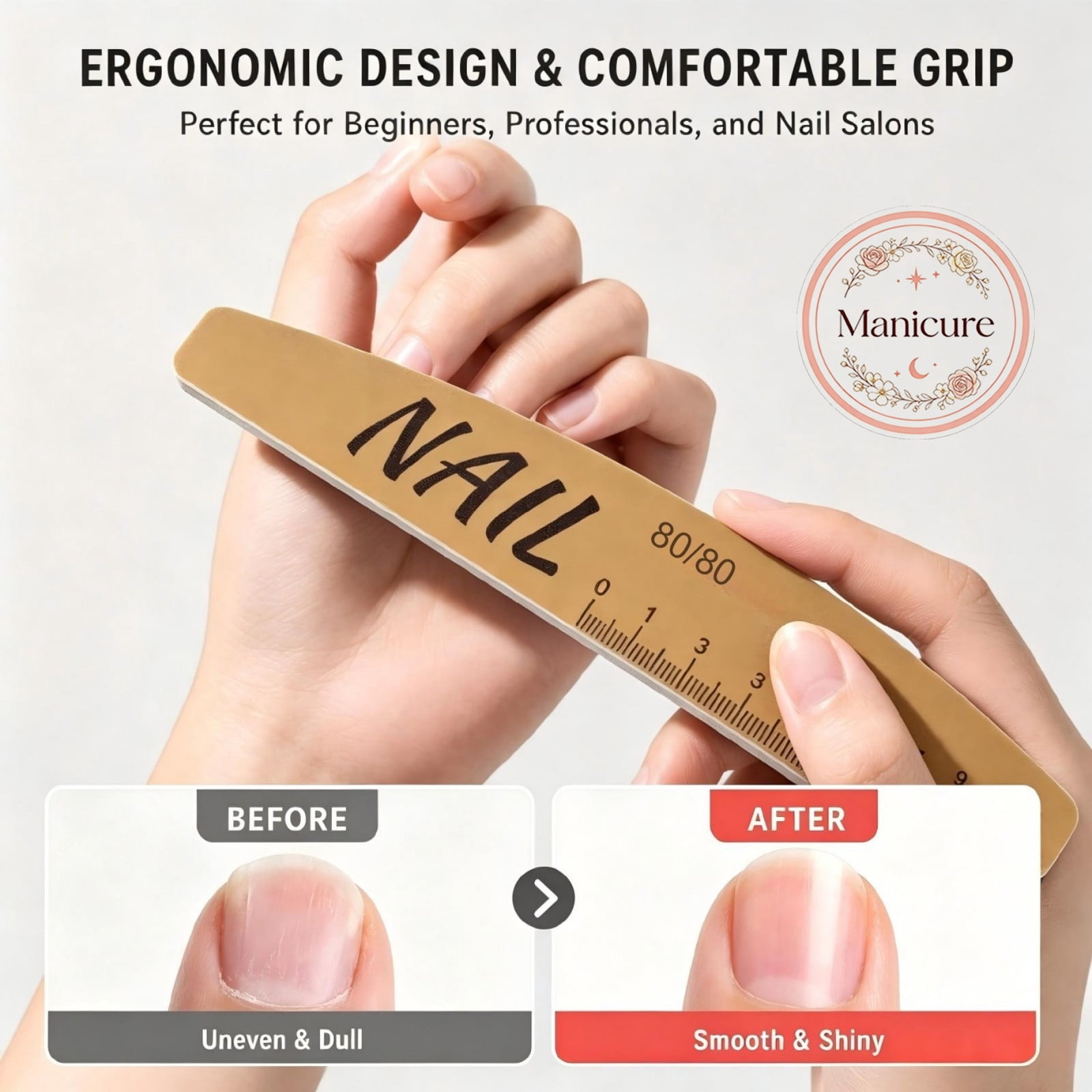 Double Sided Nail File With Printed Measurement Scale, Heavy Duty Nail Sanding File, Sturdy Emery Board for