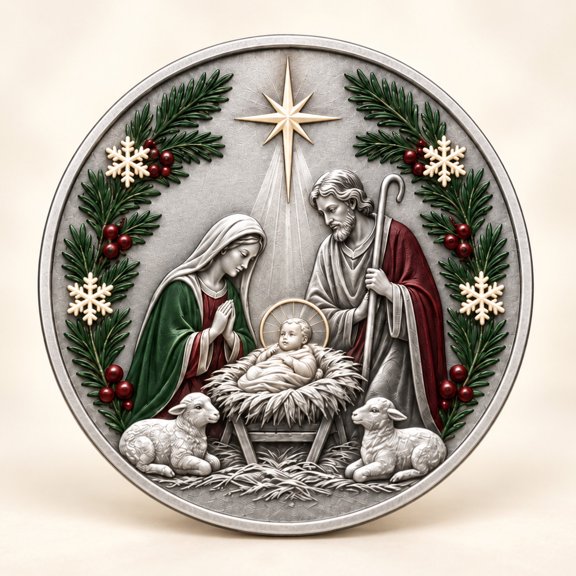 Double Sided Nativity Christmas Commemorative Coin, Holiday Bells Religious Keepsake, for Seasonal Collections, Decorative Displays and Thoughtful Holiday Gift Giving