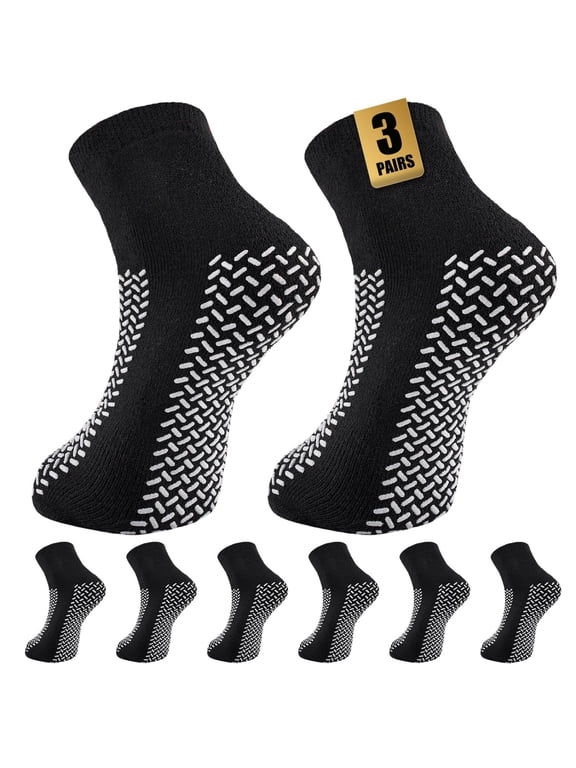 Double‑Sided Non Slip Grip Socks for Men & Women, Grips on both sides maintain traction if the socks rotate; thick grip dots suit tile, wood and laminate floors indoors.
