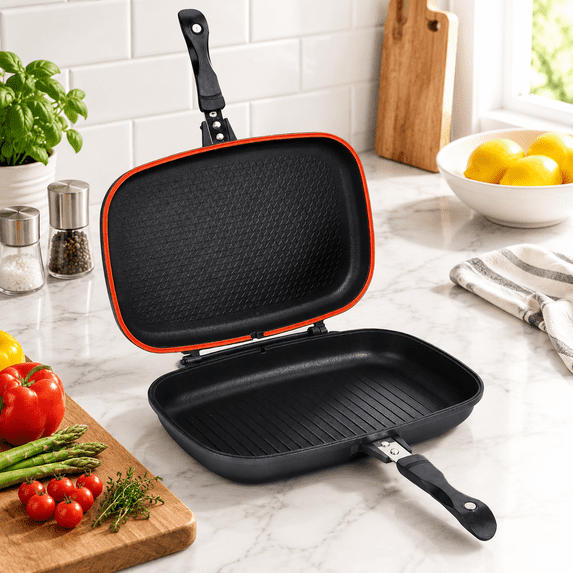 Using Stick Design Double-Sided Non-Stick Frying Pan, Aluminum Grill Cookware with Sealing ...