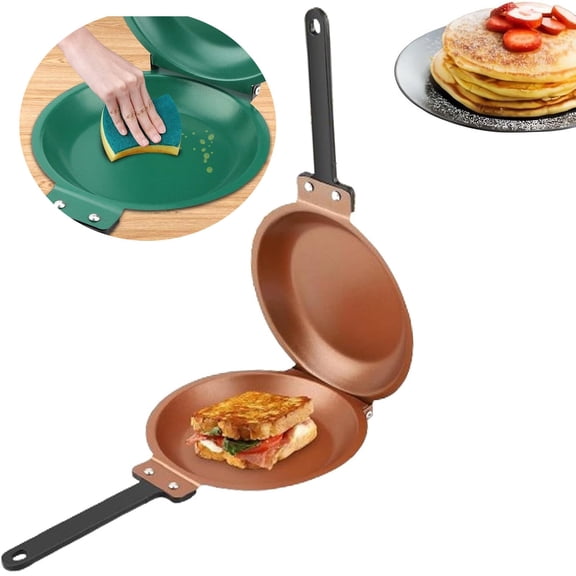 Double-Sided Nonstick Pancake Griddle Pan – Easy-Flip Design for Omelettes, Crepes, and Breakfast Meals, Even Heat Distribution,Gold - 34X19cm