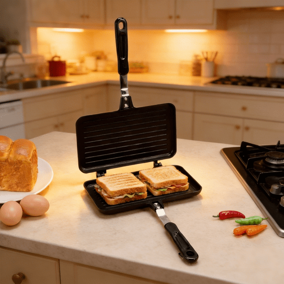 Double Sided Nonstick Sandwich Pan, Die Cast Aluminum Grill Pan, Breakfast Maker for Toast Panini Waffle