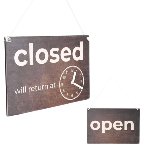 Double-Sided Open Sign with Clock - Rustic Wooden Open Closed Sign with Will Return Clock for Business, Vintage Wood, Decorative, for Door and Window, 12 х 8 Inches