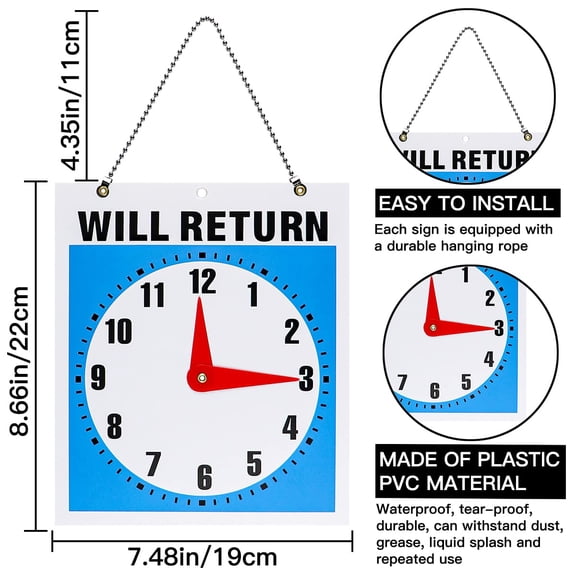 Double Sided Open/Will Return Sign with Clock Hands Door Pendant 7.5x9 Inches