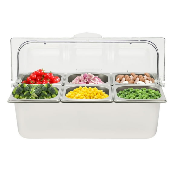Ice Food Serving Display Tray with Clear Roll Top Cover 6 Pans Stainless Steel Buffet Cold Serving Seafood Fruit Party Buffet Cooling Food Dish Display Plate Holder Case with Lid