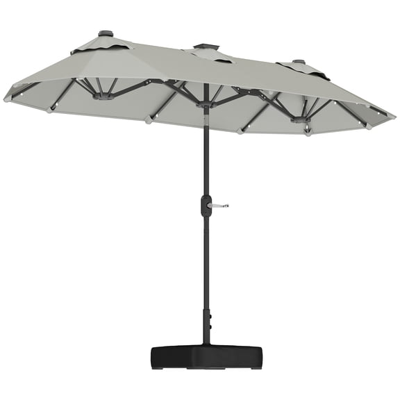 Beyamis Double-Sided Outdoor Patio Umbrella with Solar Lights & Base, Push Button Tilt Dining Table Umbrella (Gray, Polyester/Steel/Oxford) - All-Weather for Nighttime Outdoor Gatherings