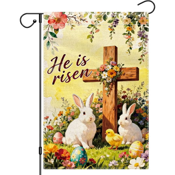 Double Sided Outside Easter Yard Flag 12x18 He Is Risen Bunny Rabbit Spring Floral Burlap Welcome Flag ONLY FLAG for Home Decor