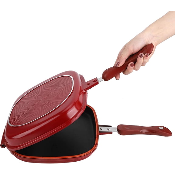 Double Sided Pan, 28cm Red Square Pancake Maker Nonstick Copper Easy to Flip Pan Frying Pan for Fluffy Pancakes Omelets Frittatas, Pancake Pan for Barbecue Grill Kitchen Supplies