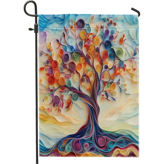 Double Sided Paper Quilling Tree Garden Flag 12x18 Inch Burlap Outdoor Decor Colorful Nature Scene