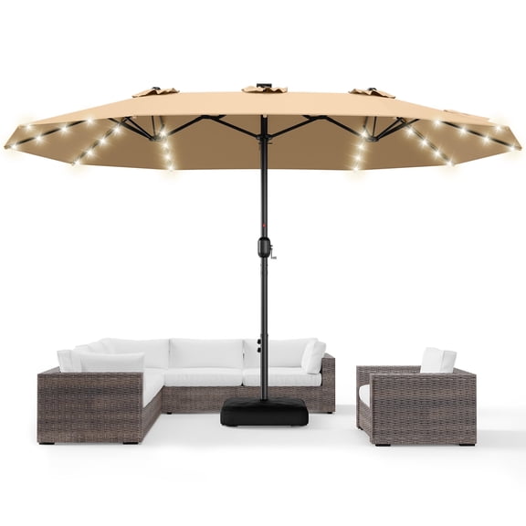 Double Sided Patio Umbrellas - 13ft Solar Lights LED Lighted Outdoor Extra Large Market Table Umbrella with Base Included, Oversized Umbrella for Deck, Pool, Backyard