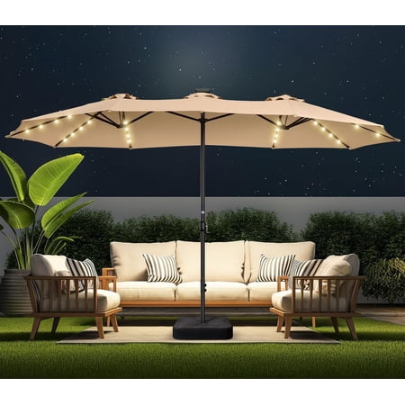 Double Sided Patio Umbrellas - 15ft Solar Lights LED Lighted Outdoor Extra Large Market Table Umbrella with Base Included, Oversized Umbrella for Deck, Pool, Backyard (Beige)