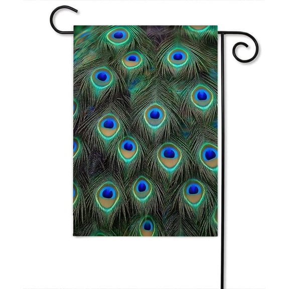 Double Sided Peacock Garden Flag with Animal Fur Feather Design Burlap 12.5 x 18 Inch Green Blue Yard Banner for Outdoor Home Decor
