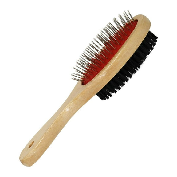 Double Sided Pet Comb for Dogs and Cats, Wood Handle, Steel Needle, Soft Brush, Hair Removal