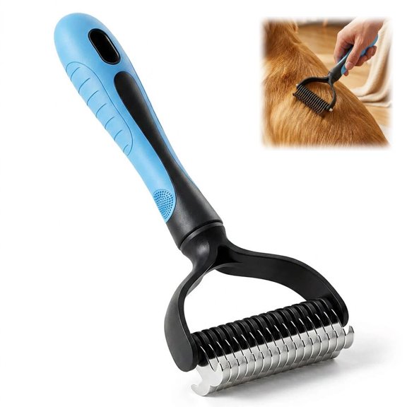 Double-Sided Pet Deshedding Brush – Undercoat Rake with 17 Wide Teeth for Long-Haired Dogs & Cats