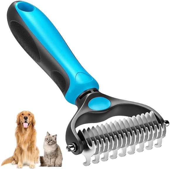 Double Sided Pet Grooming Brush for Shedding, Dematting, Undercoat, Tangles -- Dog, Cat Grooming Comb/Rake in Blue