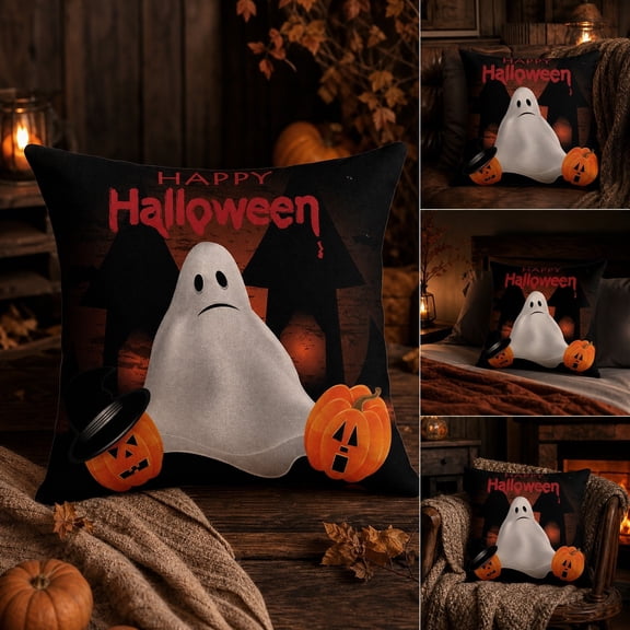 Double Sided Printed Halloween Pillowcase, Soft Polyester Decorative Cushion Cover with Spooky Ghost Pattern for Sofa Couch Bed Living Room Home Decor