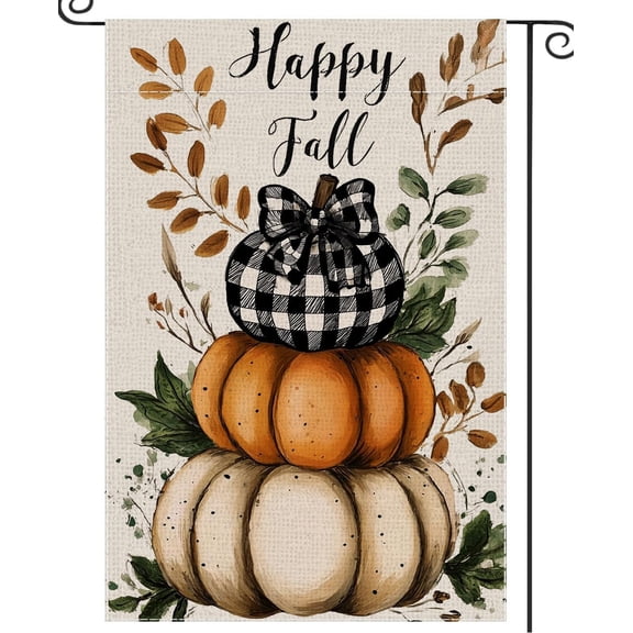 Double Sided Pumpkin Buffalo Plaid Flag 12x18 Inch Burlap Happy Fall Autumn Harvest Welcome Yard Decor