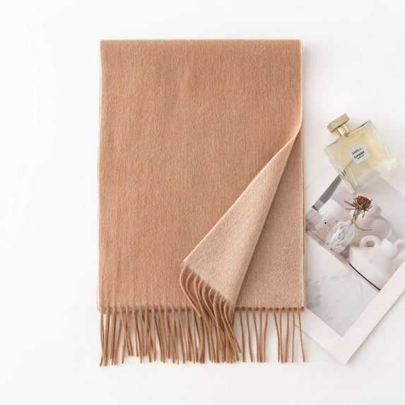 Double-Sided Pure Lamb's Wool Scarf - Lightweight Solid Color Wrap for Men and Women, Soft Warm Reversible Shawl,30*180cm,Camel/Beige