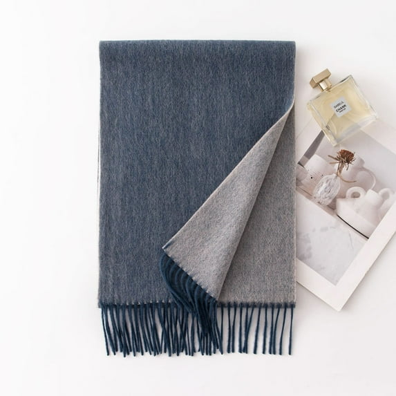 Double-Sided Pure Lamb's Wool Scarf - Lightweight Solid Color Wrap for Men and Women, Soft Warm Reversible Shawl,30*180cm,Gray Blue/Off-White
