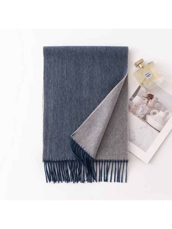 Double-Sided Pure Lamb's Wool Scarf - Lightweight Solid Color Wrap for Men and Women, Soft Warm Reversible Shawl,30*180cm,Gray Blue/Off-White