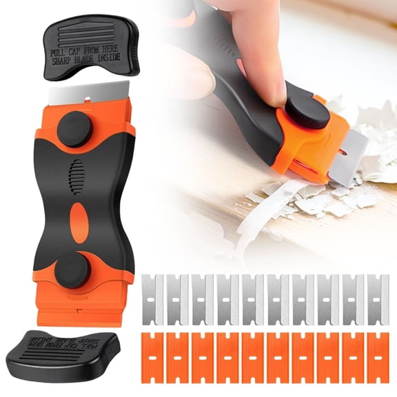 Double-Sided Razor Scraper Tool for Glass Stove Top, Oven Door, Window, Adhesive & Label Removal, Orange, 13*4.6*2.3cm