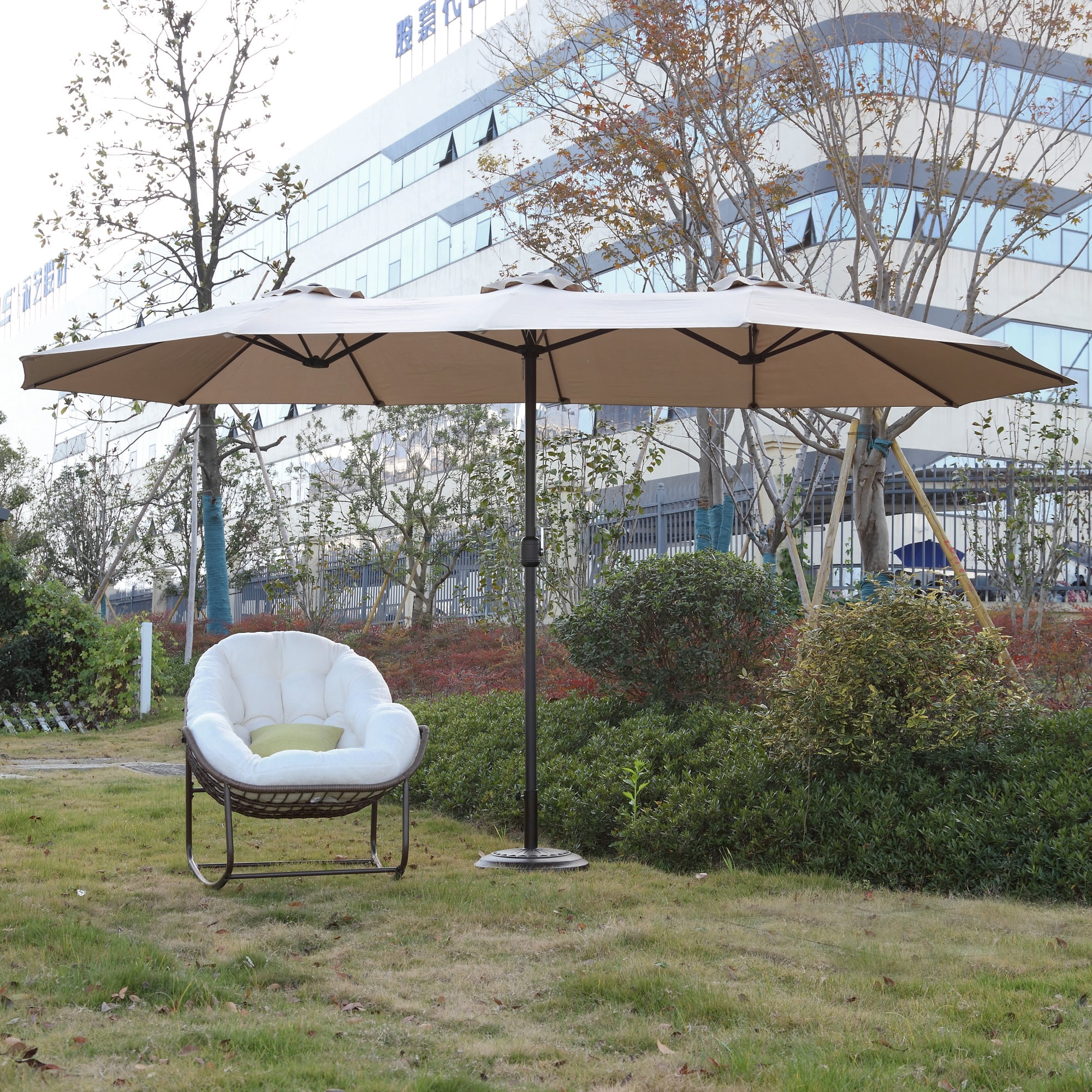 Double Sided Rectangular Outdoor Umbrella 14.8-Foot with Crank, Large Patio Umbrella for Garden and Poolside, Khaki