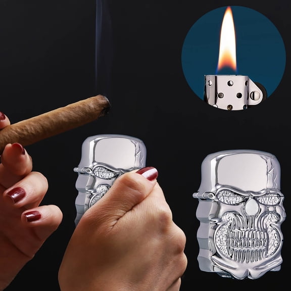 Double Sided Relief Skull Lighter, Wenini Heavy Armor Creative Butane Lighter Open Cap Ignition, Portable Windproof Lighter for Camping Barbecue Candle with Flame Adjustment, Silver