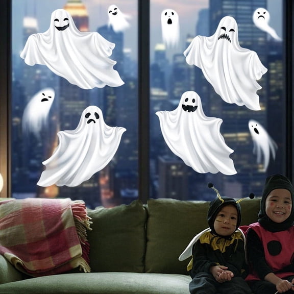 Double Sided Removable White Ghost Halloween Window Cling Set, Eco Friendly Easy Apply Glass Wall Reusable Mural, Large Size Decal for Dorm Store Indoor Halloween Haunted House Arrangement