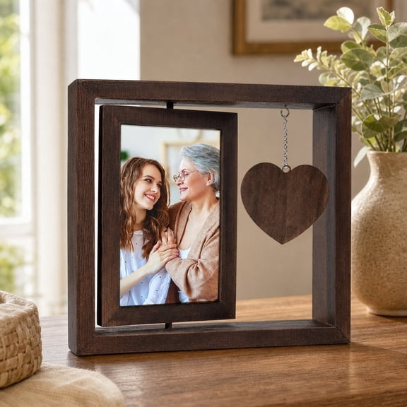 Double-Sided Rotating Photo Frame, 6 Inch Desktop Display Stand with Heart Design, Wooden Pet Memorial Picture Frame