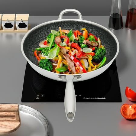 Non Stick Double Sided Cooking Frying Pan Honeycomb+Glass Lid Stainless Steel
