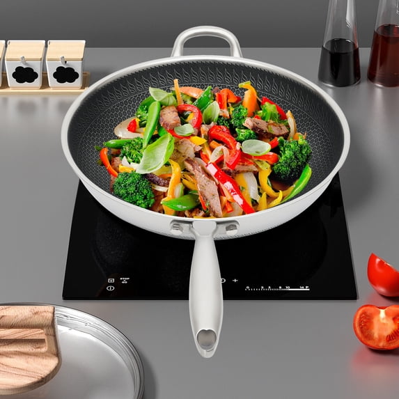 Non Stick Double Sided Cooking Frying Pan Honeycomb+Glass Lid Stainless Steel