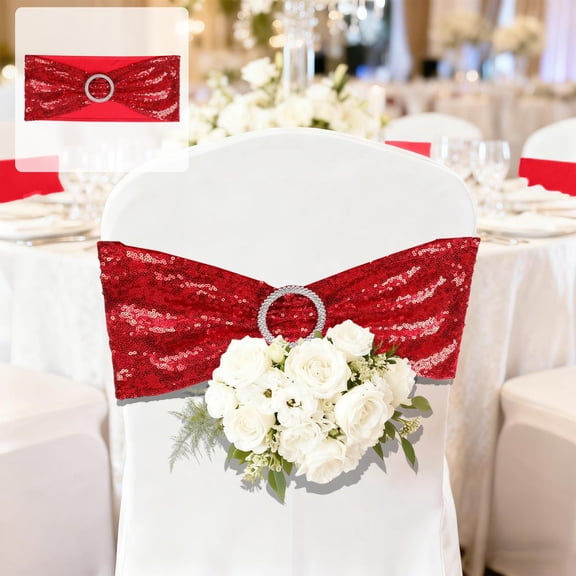 Double-Sided Sequins Red Chair Sashes for Wedding Decor, Red Sequin Chair Bands with Silver Buckles, Sequin Chair Sashes Bows for Party Ceremony Event Chair Decorations - 1 PC